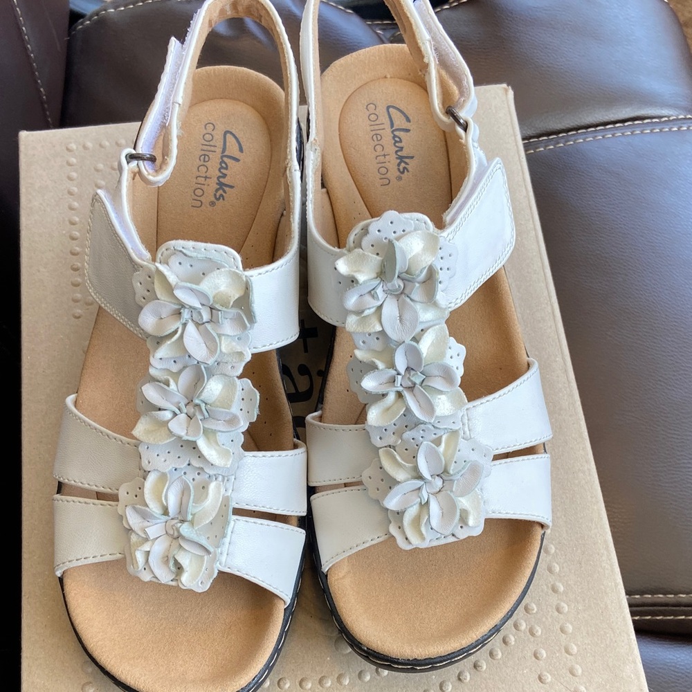 Clarks Cream Floral Strap Sandals